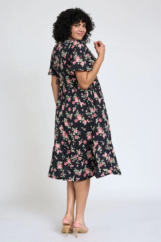 Plus Floral Flutter Sleeve Ruffle Hem Midi Dress