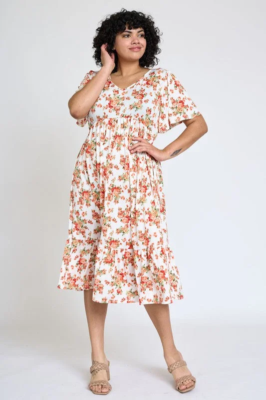 Plus Floral Flutter Sleeve Ruffle Hem Midi Dress