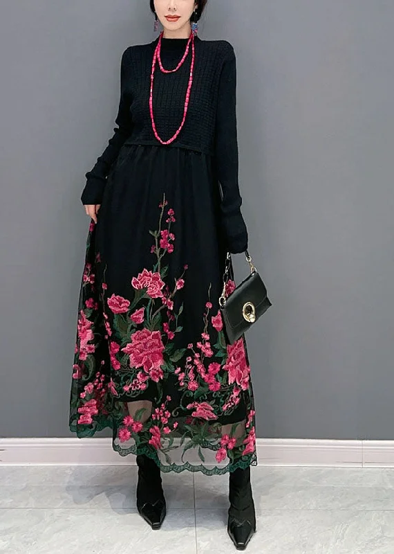 Momentlover Red Knit Patchwork Tulle Long Dress Embroideried Spring LY1592