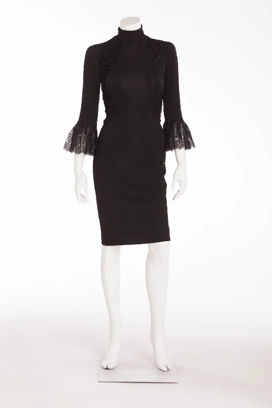 Roberto Cavalli - Black Ruched Dress with Lace Trim Sleeves