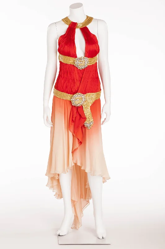 Roberto Cavalli - As Seen on the 2006 Spring Runway Collection - Red and Coral Ombre Dress with Gold Embellishments - IT 40