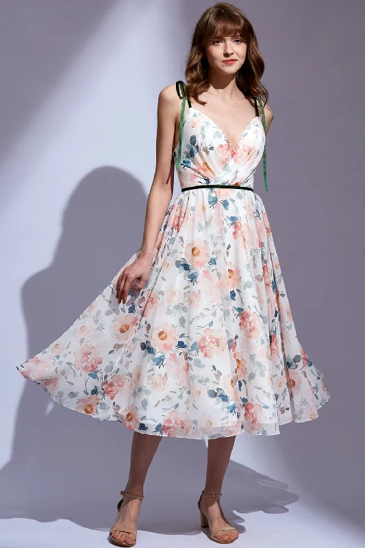 Straps V Neck Floral Chiffon Midi Formal Dress