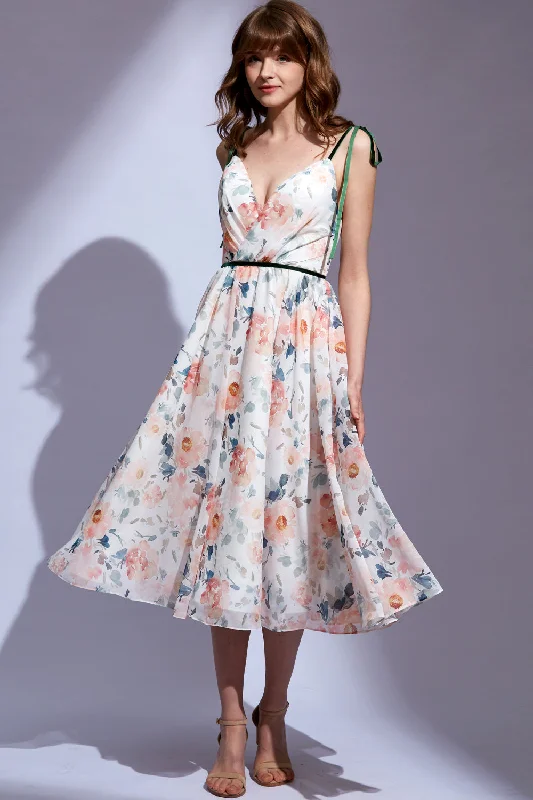 Straps V Neck Floral Chiffon Midi Formal Dress