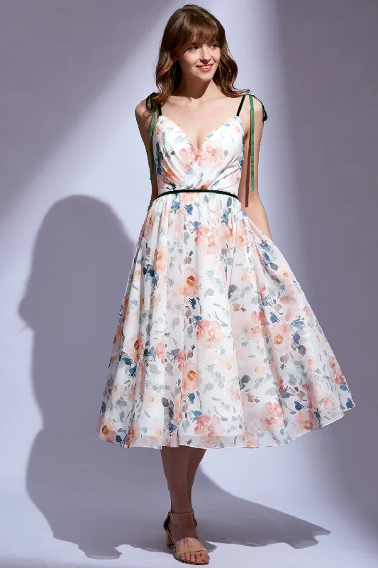 Straps V Neck Floral Chiffon Midi Formal Dress