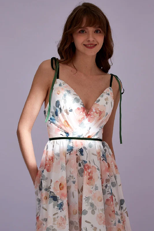 Straps V Neck Floral Chiffon Midi Formal Dress