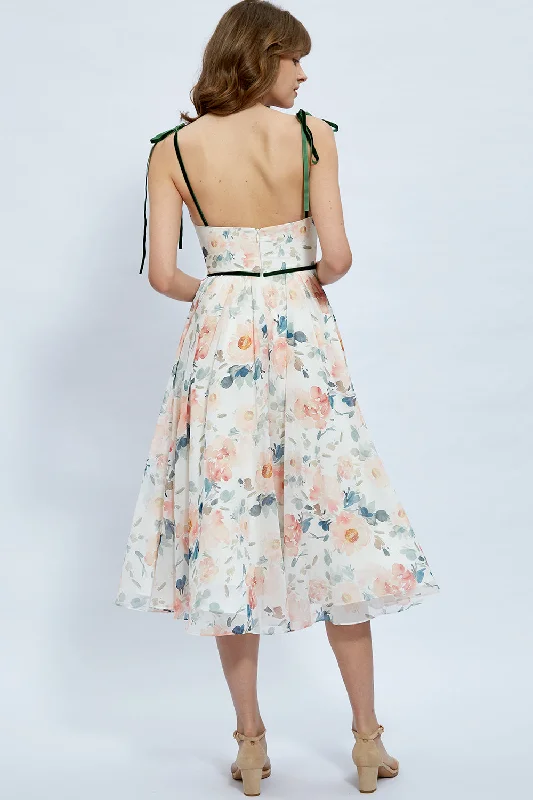 Straps V Neck Floral Chiffon Midi Formal Dress