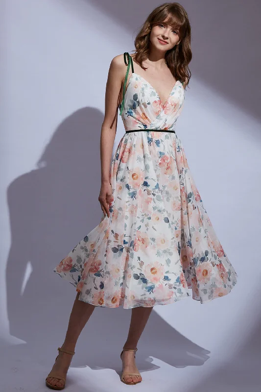 Straps V Neck Floral Chiffon Midi Formal Dress