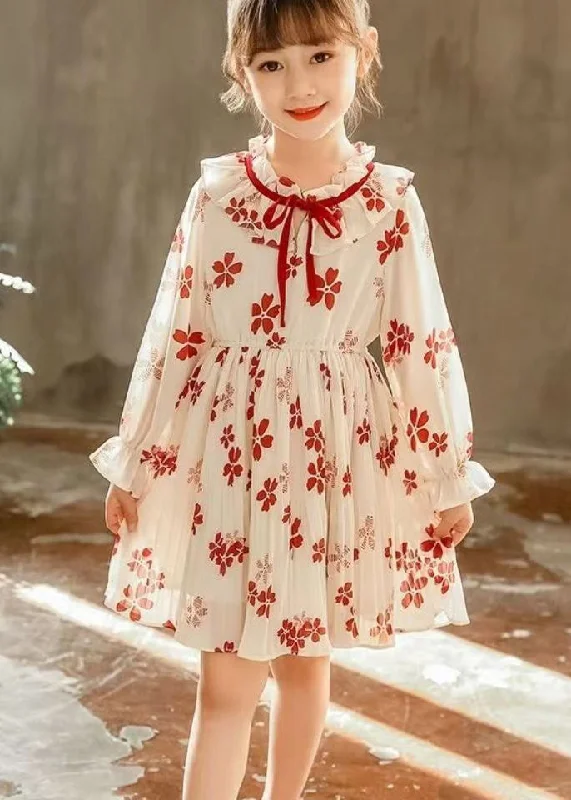 Stylish Red Ruffled Print Lace Up Chiffon Girls Dresses Flare Sleeve XZ098