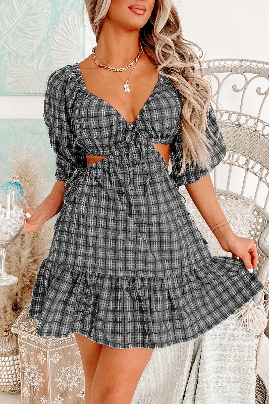 Sweet Sentiments Plaid Print Cut-Out Dress (Blue Grey)