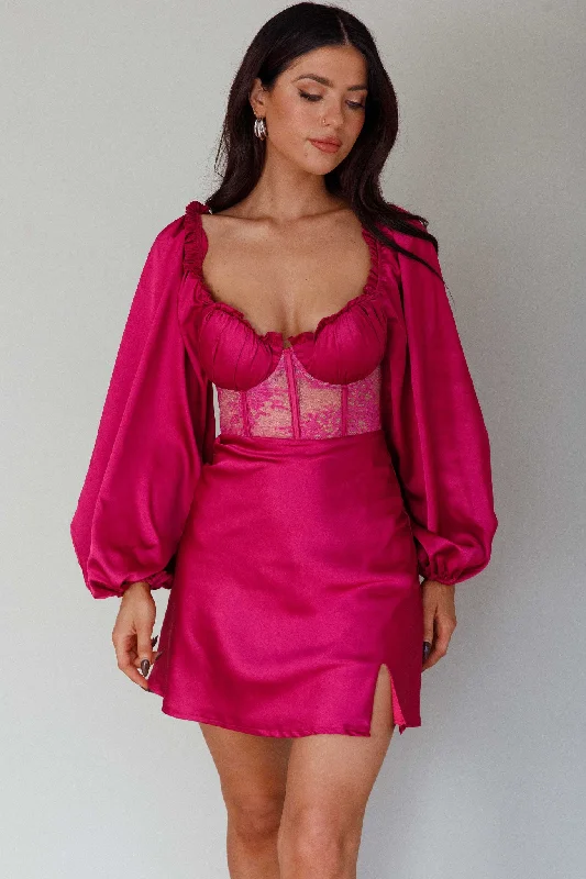 Trophy Long Sleeve Lace Bodice Mini Dress Plum