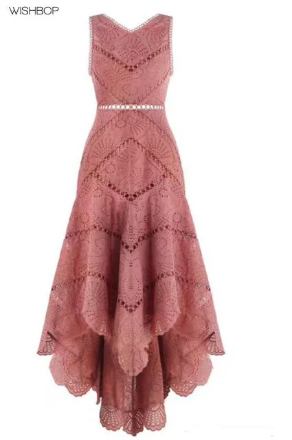 WISHBOP Summer Woman Nude Pink JASPER FAN Midi DRESS Cotton Circle Embroidered Hollow Out detail Asymmetrical Trim Romantic