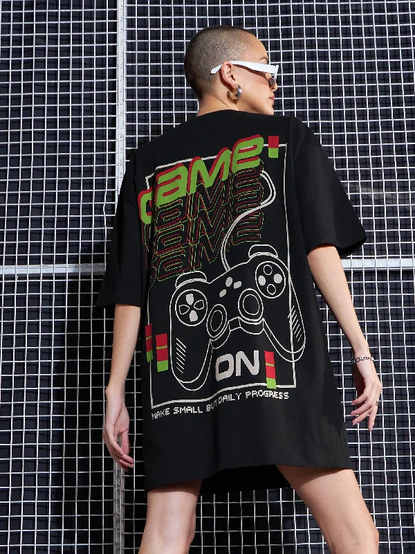 Women Black GAME ON Printed Oversized T-Shirt Dress