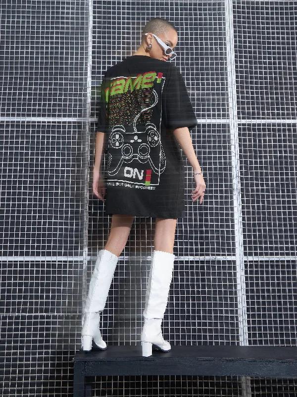 Women Black GAME ON Printed Oversized T-Shirt Dress