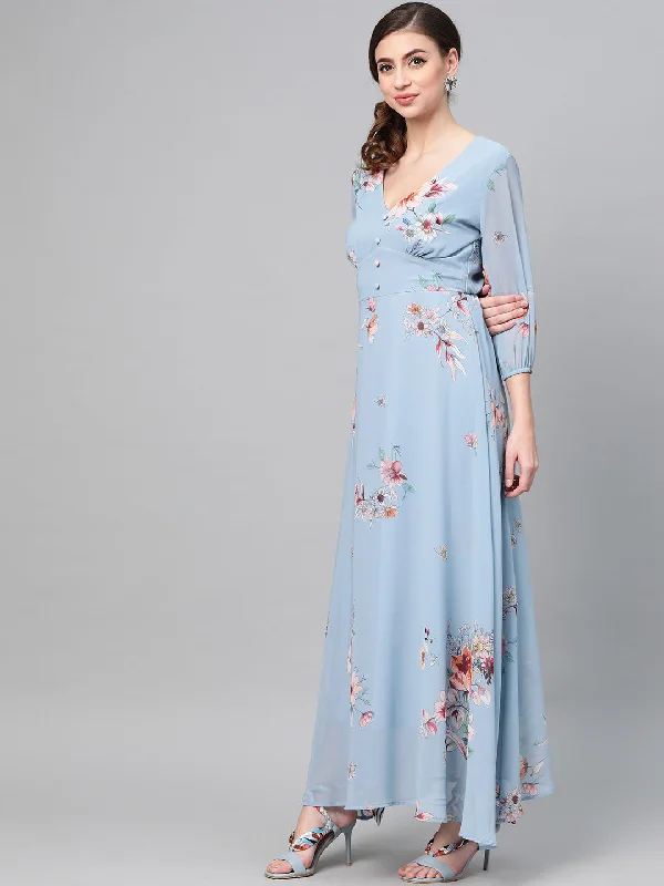 Women Pale Blue Floral Flared Maxi Dress