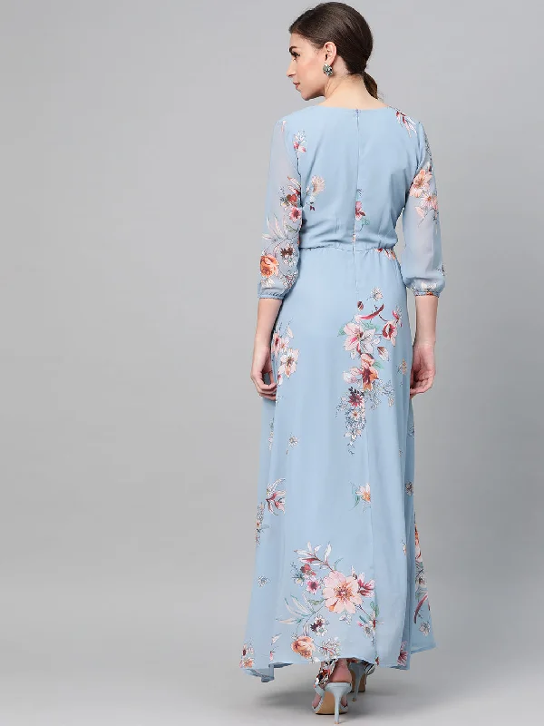 Women Pale Blue Floral Flared Maxi Dress