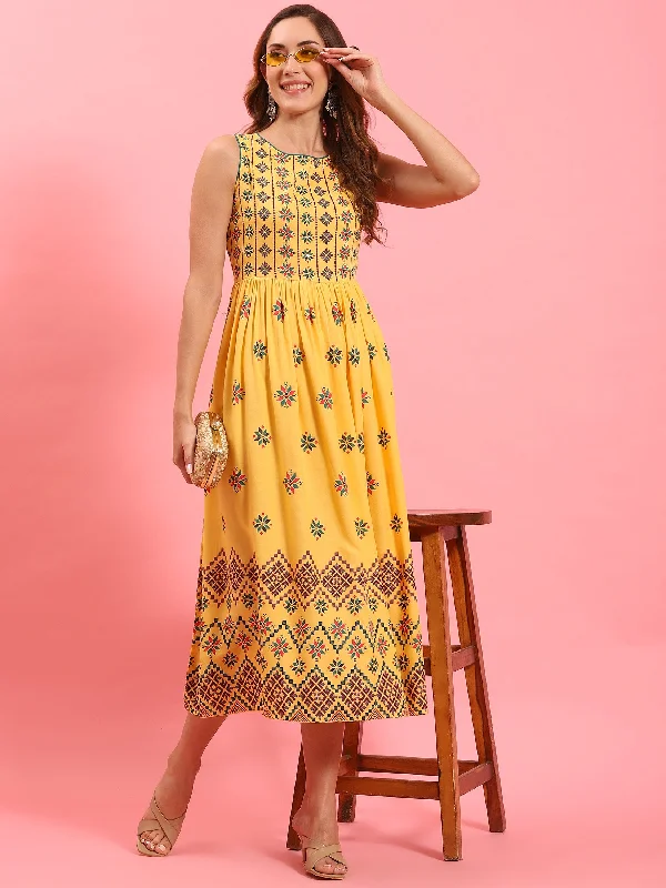 Women Yellow Geometric Printed Dress