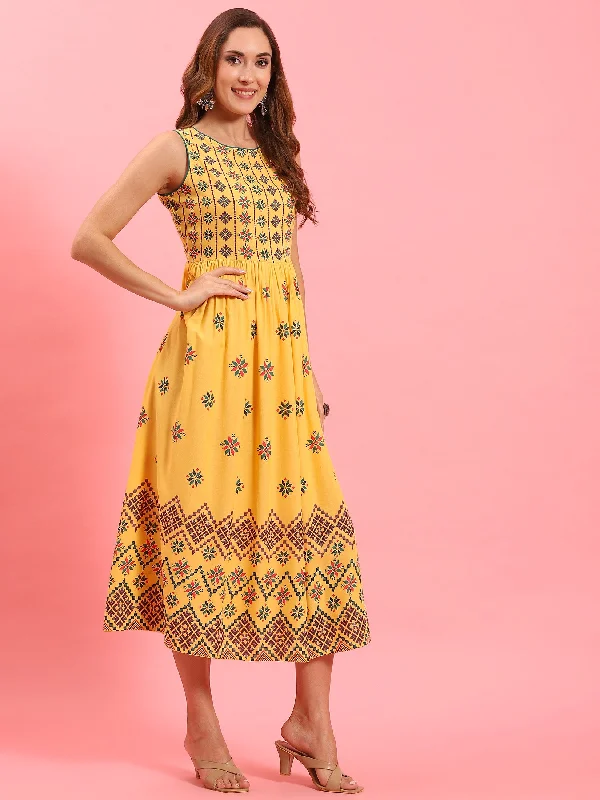 Women Yellow Geometric Printed Dress