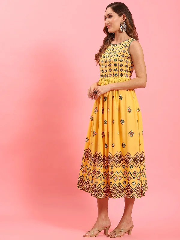 Women Yellow Geometric Printed Dress