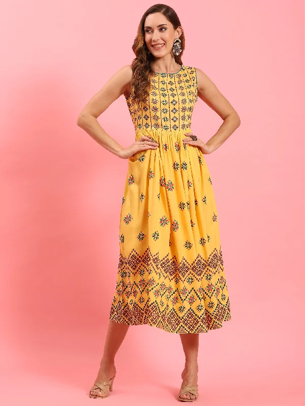 Women Yellow Geometric Printed Dress