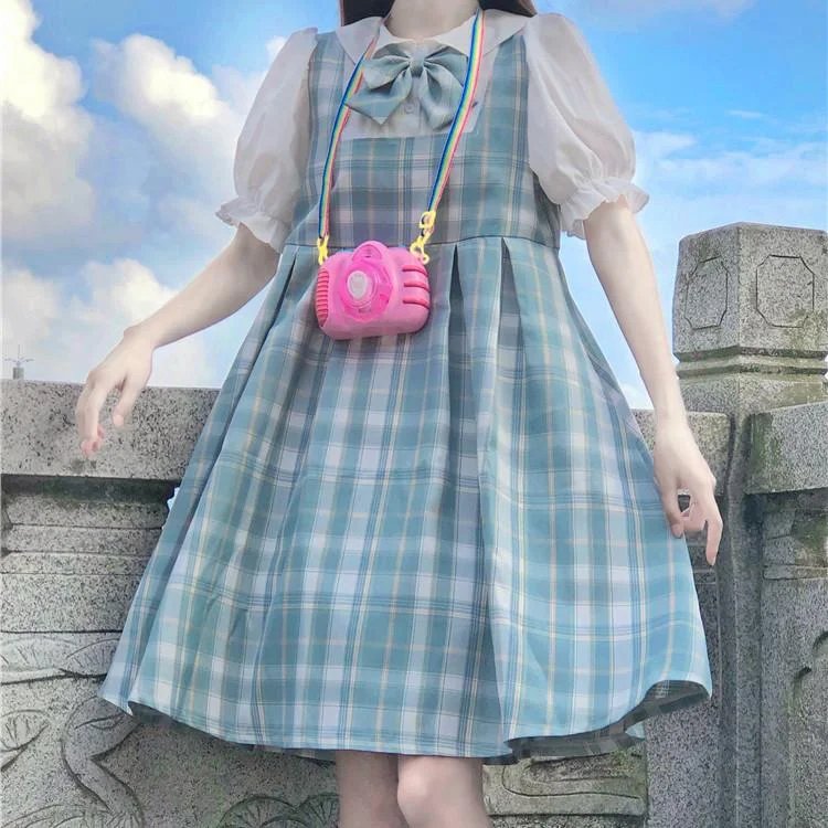 Women's Kawaii Bowknot High-waisted Plaid Dresses