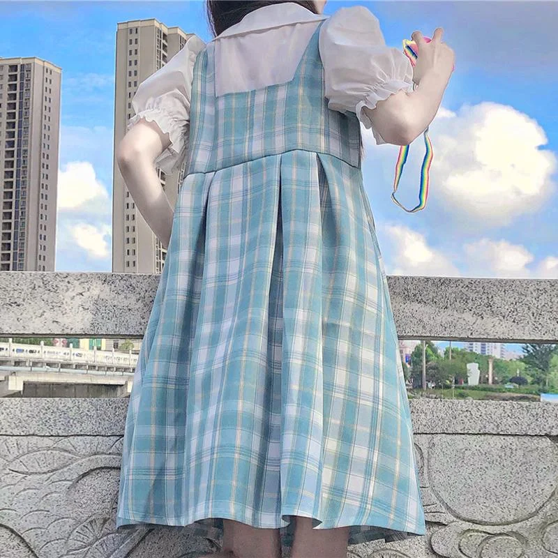 Women's Kawaii Bowknot High-waisted Plaid Dresses