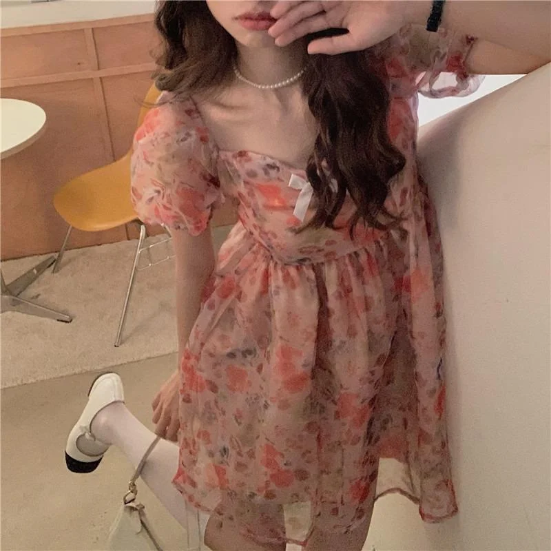 Women's Kawaii Puff Sleeved Floral Short Dress