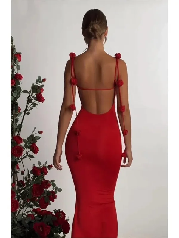 Znbbw Red 3D Flower Spaghetti Strap Maxi Dress Women Sexy Backless Sleeveless Bodycon Long Robes Fashion Evening Party Gowns