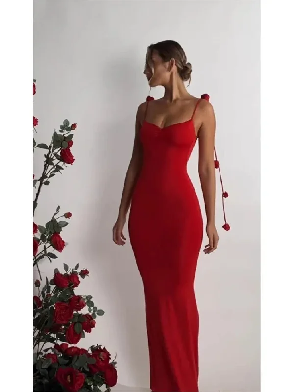 Znbbw Red 3D Flower Spaghetti Strap Maxi Dress Women Sexy Backless Sleeveless Bodycon Long Robes Fashion Evening Party Gowns