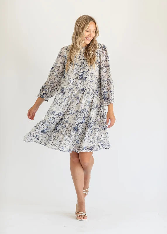 Cream Printed Midi Long Sleeve Dress