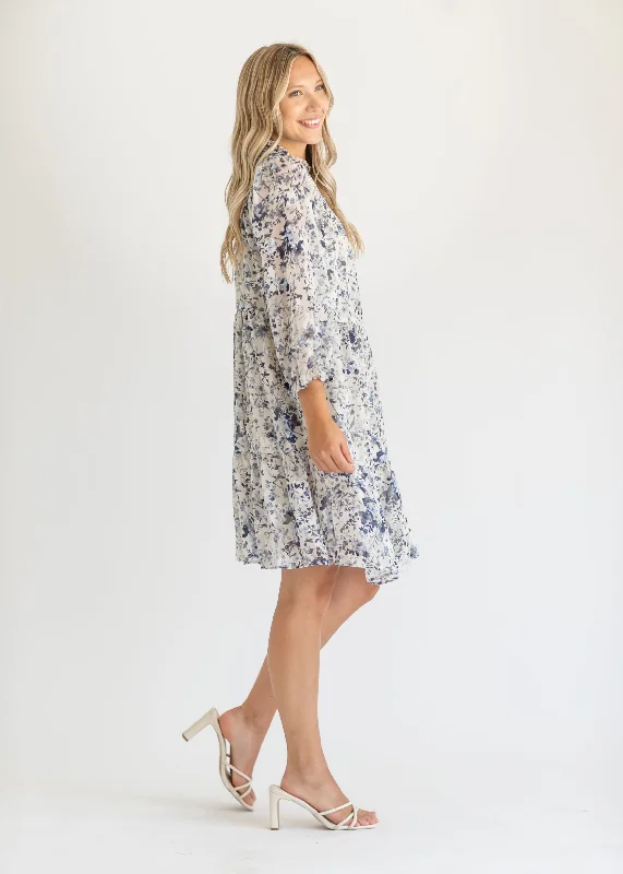 Cream Printed Midi Long Sleeve Dress