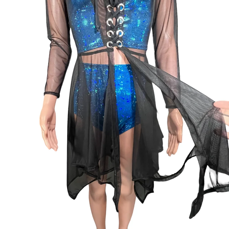 Black Mesh Lace-Up Open-Front Asymmetrical Dress Long Sleeve - Sheer Rave Dress