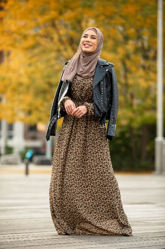 Leopard Print Drawstring Long Sleeve Maxi Dress