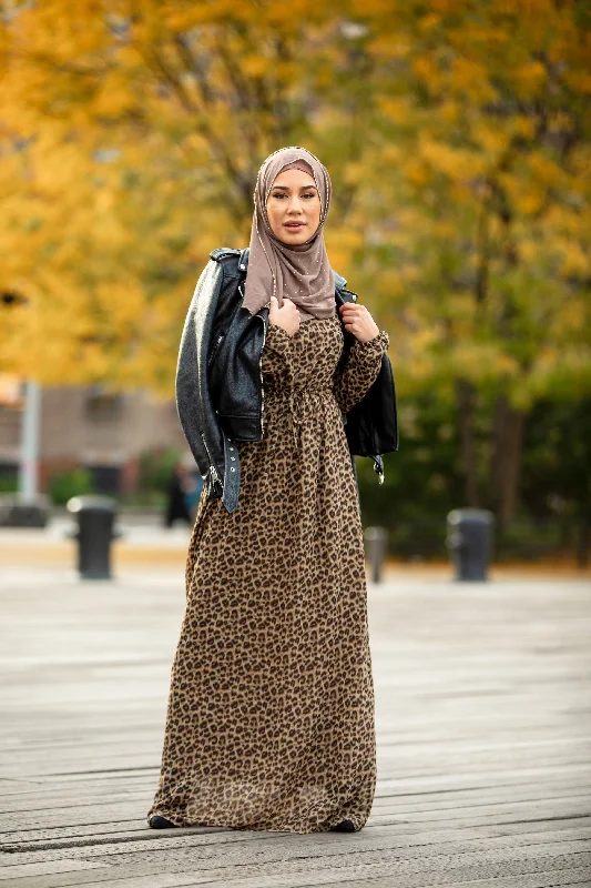 Leopard Print Drawstring Long Sleeve Maxi Dress