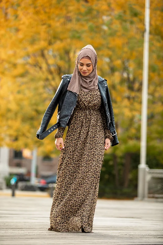 Leopard Print Drawstring Long Sleeve Maxi Dress