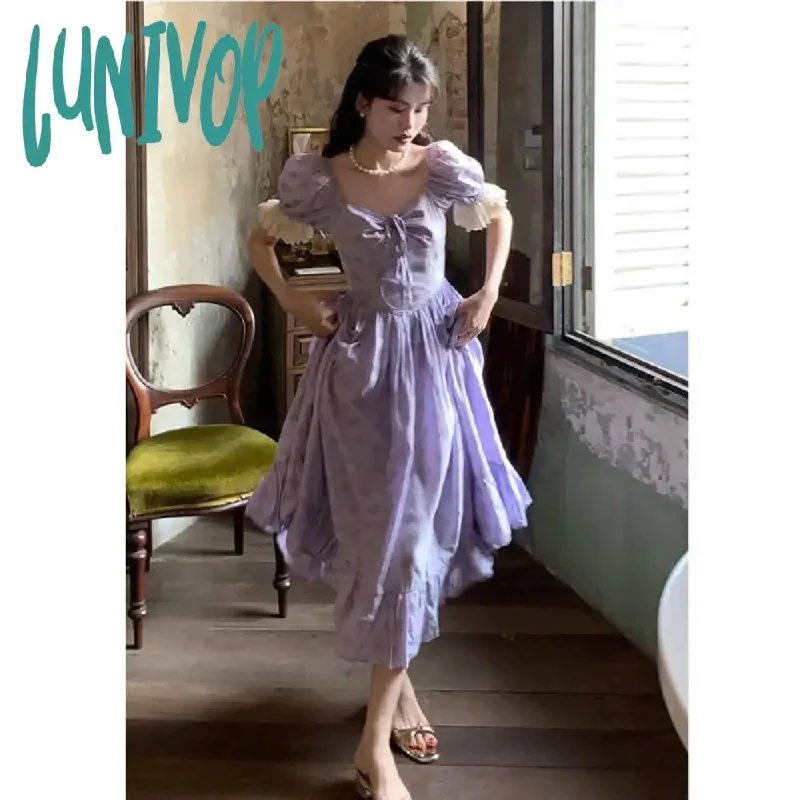 Lunivop Elegant Vintage Woman Ruffles Party Dress French Style Floral Printed Lace Patchwork Puff Short Sleeve Slim Bandage Dress Ladies