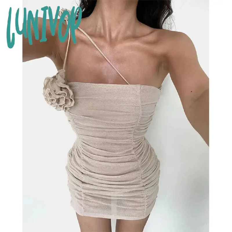 Lunivop Floral Applique Ruched Slip Mini Dresses Fashion Summer Outfits for Women Club Party Sexy Bodycon Dresses Vestido White Dress