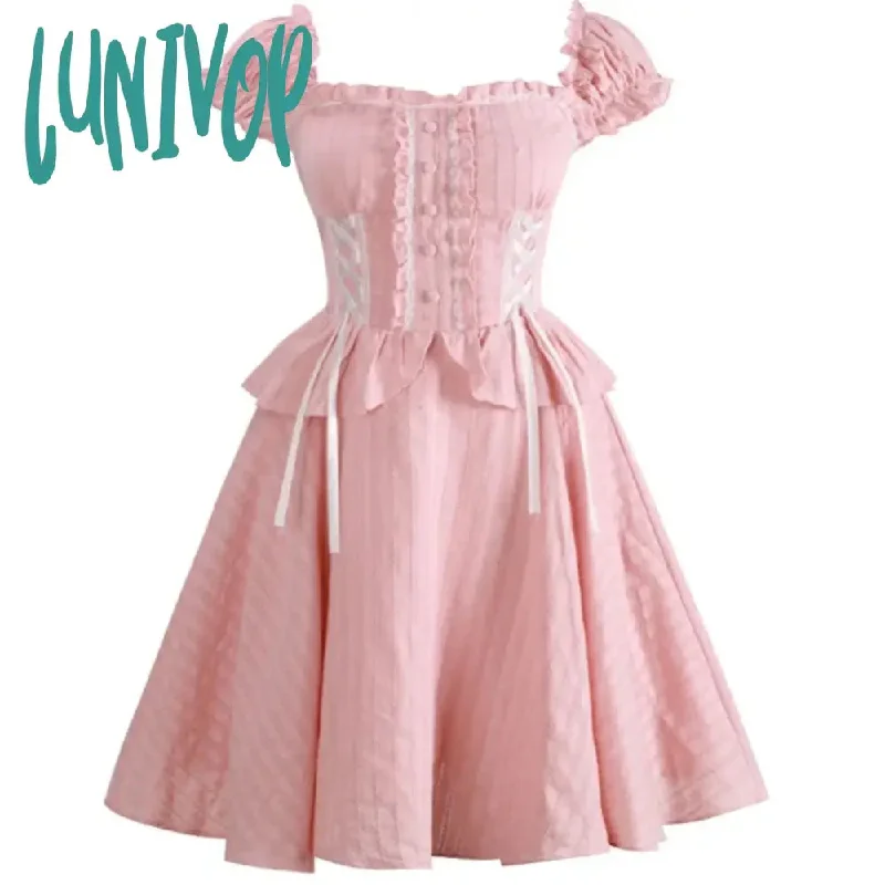 Lunivop Summer Pink Sweet Party Mini Dress Women Bow France Elegant Cute Dress Female Korean Fashion Short Sleeve Y2k Fairy Dress