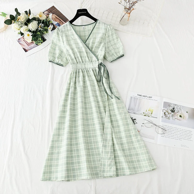 One piece cotton linen Plaid Dress waist closing temperament skirt  4262