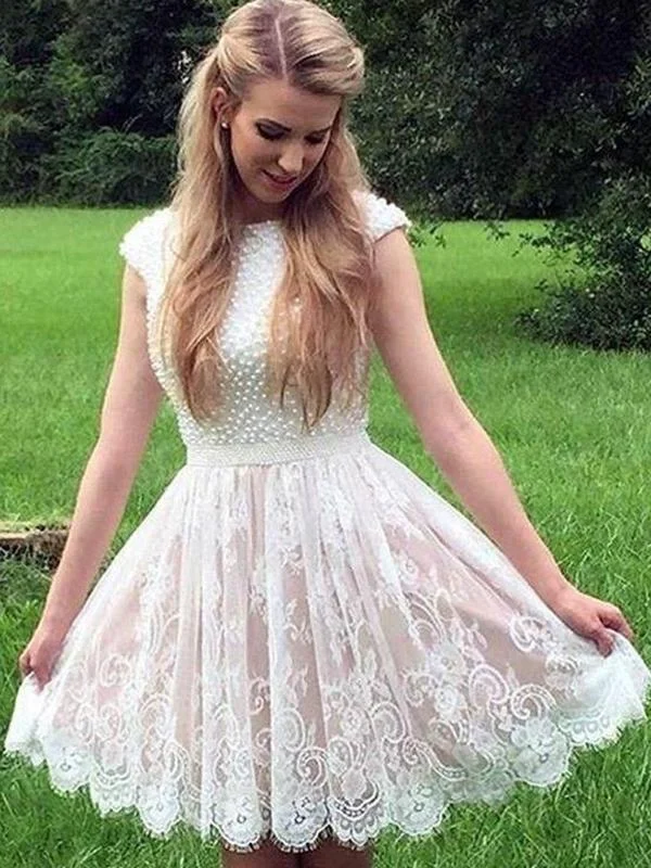 A-line Lace Pearls Cap Sleeves Short Homecoming Dress School Event Dress OKX84