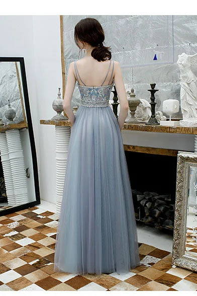 A-line Spaghetti Straps Beaded Long Tulle Prom Dress OKT23