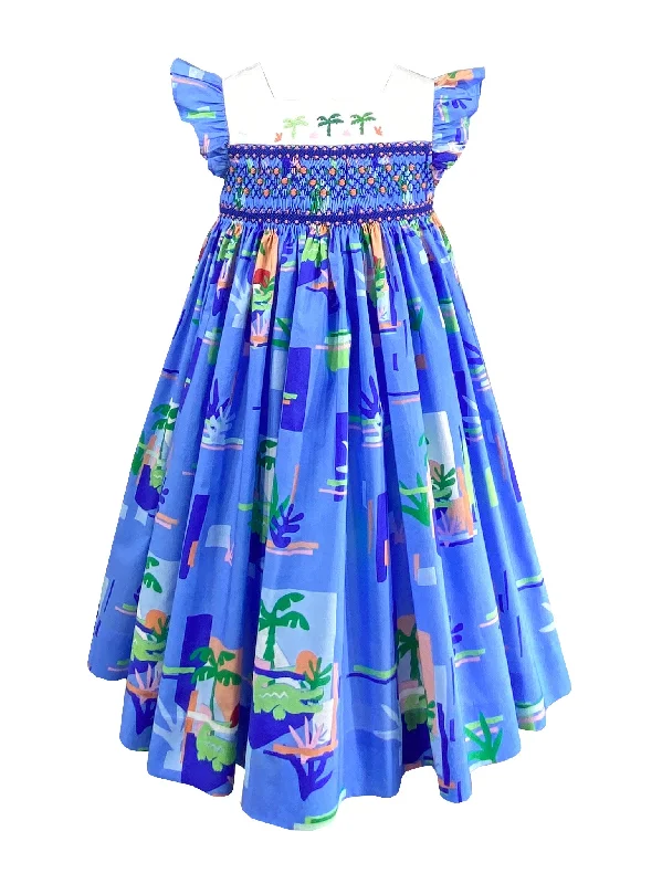 Blue Palm Tree Flutter Sleeve Dress