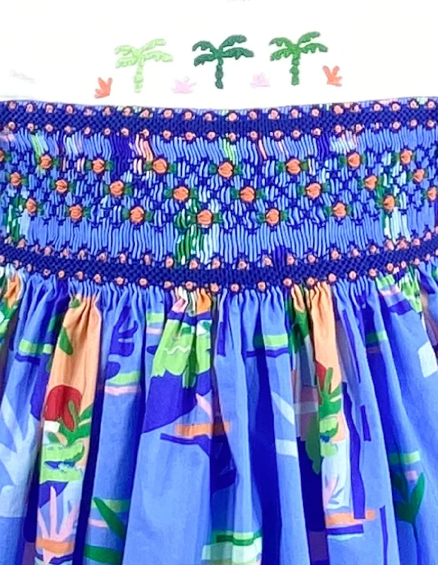 Blue Palm Tree Flutter Sleeve Dress