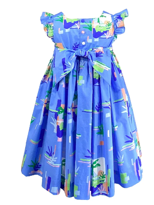 Blue Palm Tree Flutter Sleeve Dress