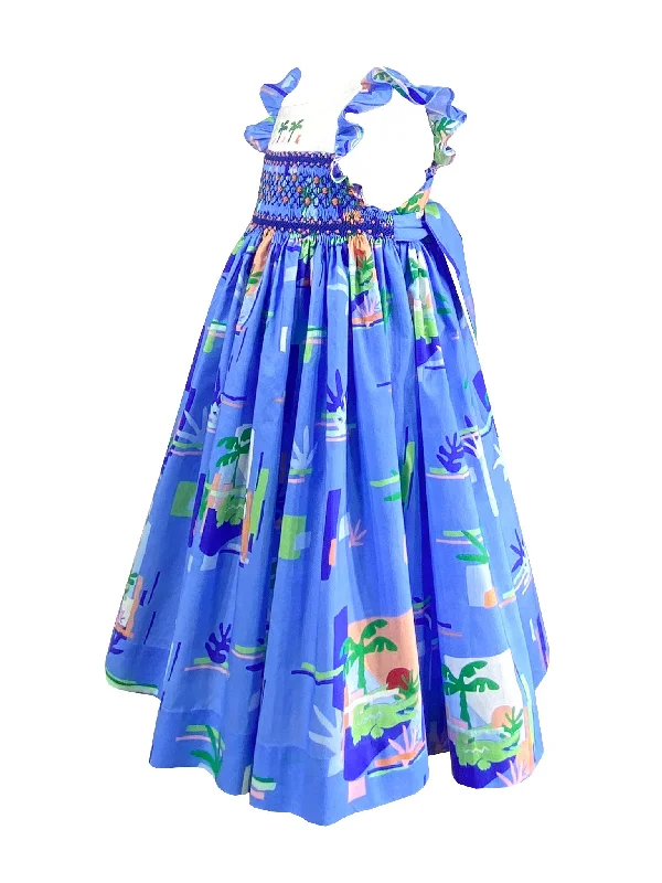 Blue Palm Tree Flutter Sleeve Dress