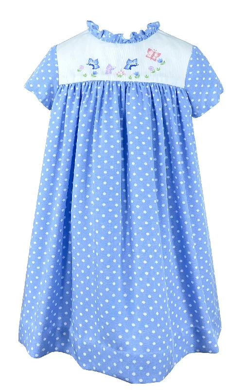 Blue Polka Dot Ivy Dress - Butterfly embroideries