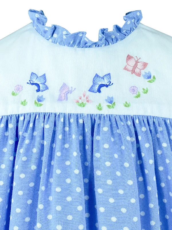 Blue Polka Dot Ivy Dress - Butterfly embroideries