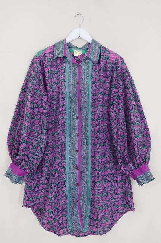 Bonnie Shirt Dress - Lilypond Leaves - Vintage Indian Sari - Size L/XL