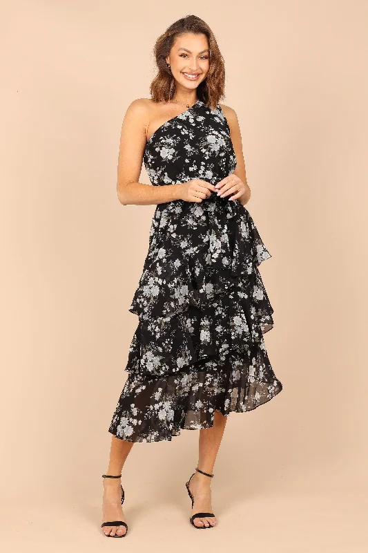 Brigette One Shoulder Tiered Midi Dress - Black Floral