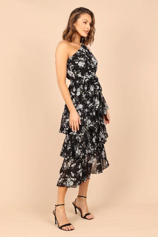 Brigette One Shoulder Tiered Midi Dress - Black Floral