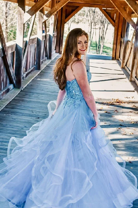 Charming Strapless Blue Ruffles Long Prom Dresses with Appliques OKL9